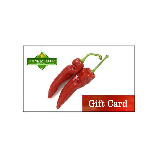 Sandia Seed Gift Card featuring two red chili peppers and company logo. Ideal for gardeners, delivered via email with no expiration or fees.