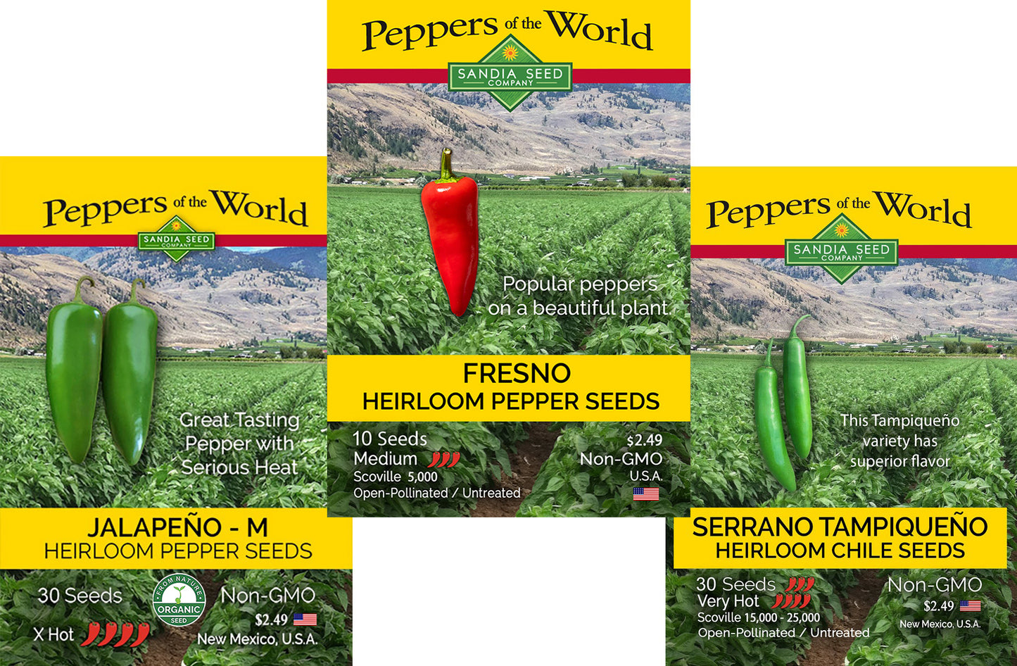 Fresh & Spicy Pepper 3 Pack - Jalapeño Early, Serrano Tampiqueno & Fresno Seeds