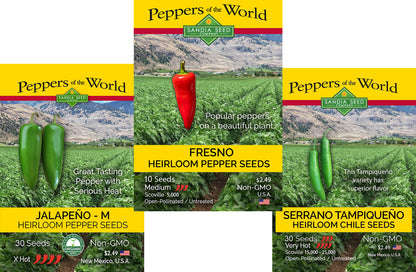Fresh & Spicy Pepper 3 Pack - Jalapeño Early, Serrano Tampiqueno & Fresno Seeds