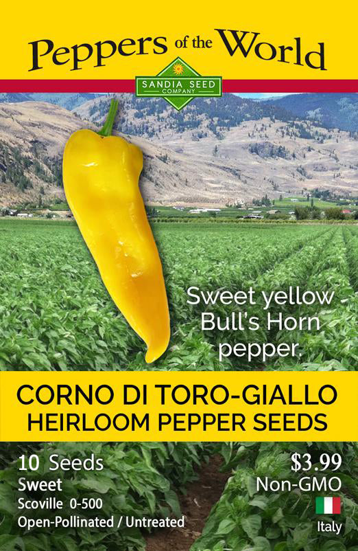 Heirloom Corno Di Toro Giallo Pepper Seed packet Yellow sweet pepper from Italy