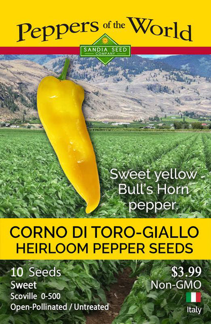Heirloom Corno Di Toro Giallo Pepper Seed packet Yellow sweet pepper from Italy